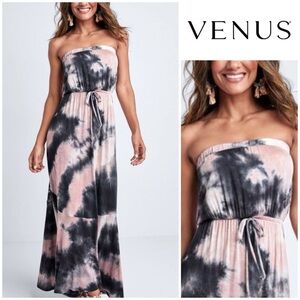 VENUS Strapless Maxi Dress, blush-pink/grey Tie Dye Drawstring Waist, sz XS NWT